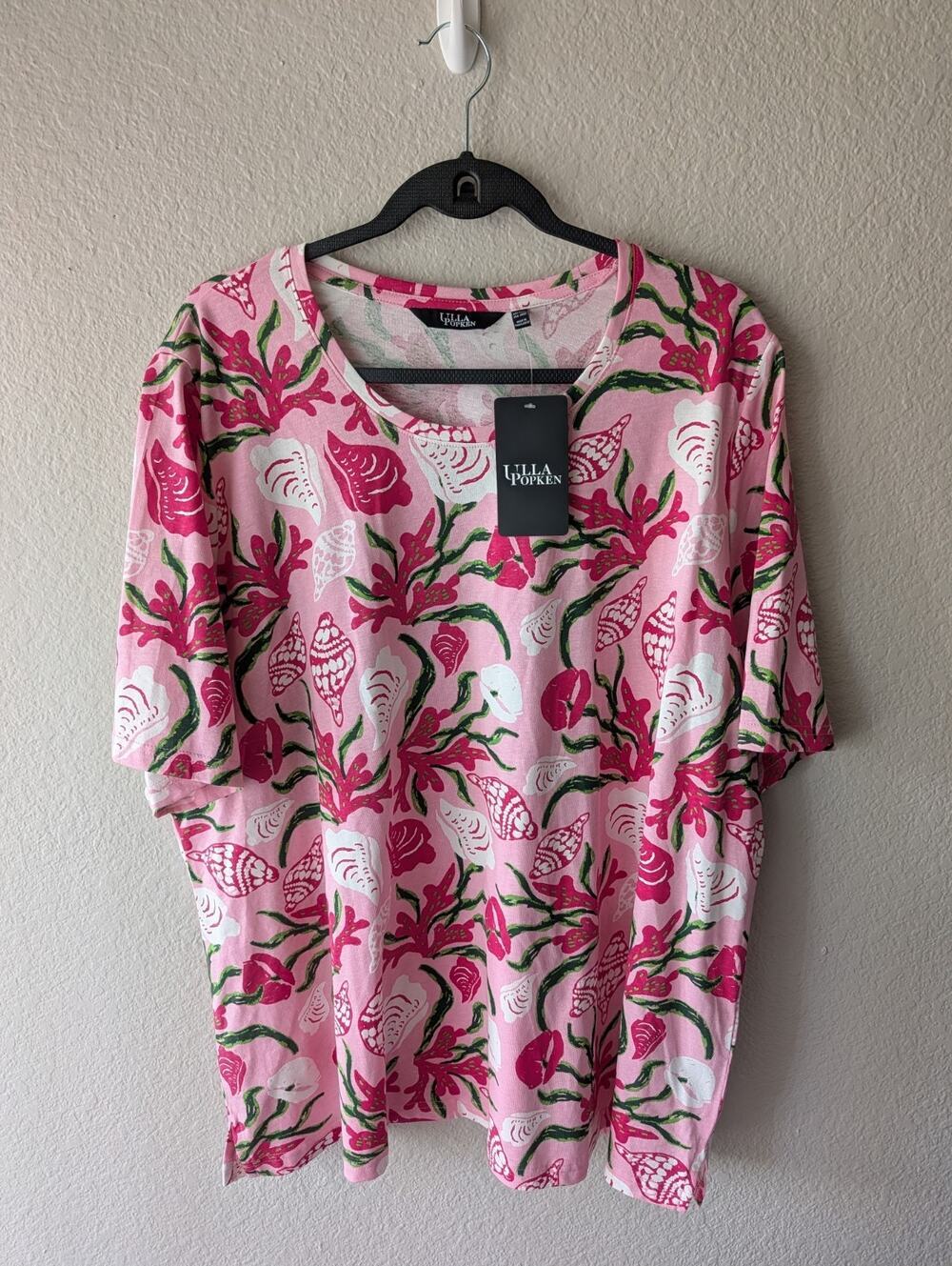 Ulla Popken pink floral print cotton knit plus size short sleeve t-shirt 20/22